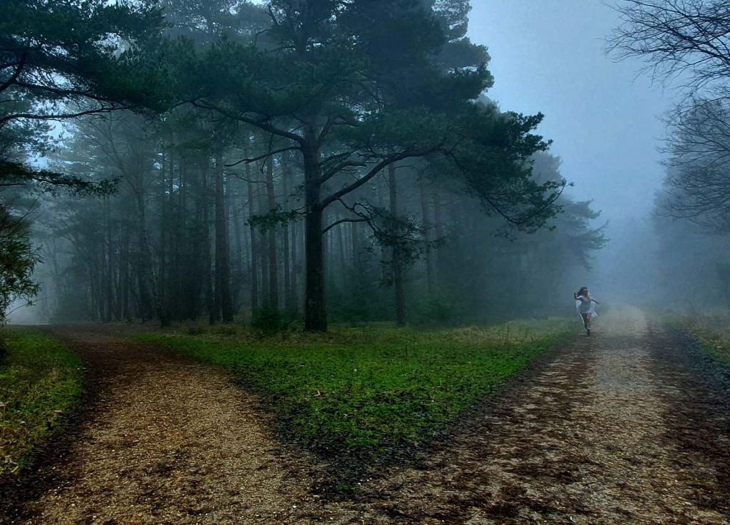 BTF Winner Evie Martin - Moody landscape image of a fork in the road in a forest, with a young girl running towards the camera through the mist.