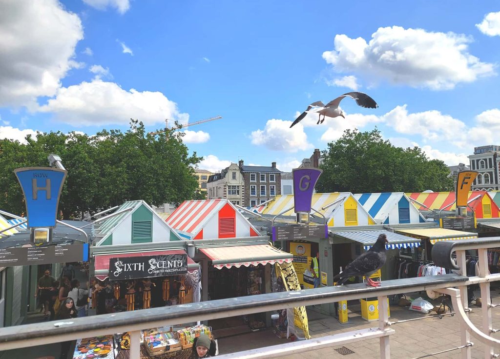 Photo of brightly coloured market stalls with striped, pitched roofs. A seagull flies in front of the camera.