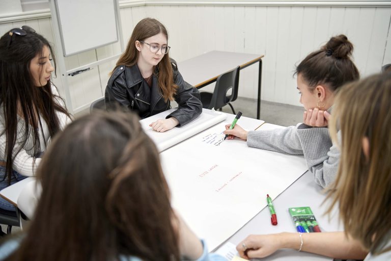 Students sitting around a table and creating a mind map.