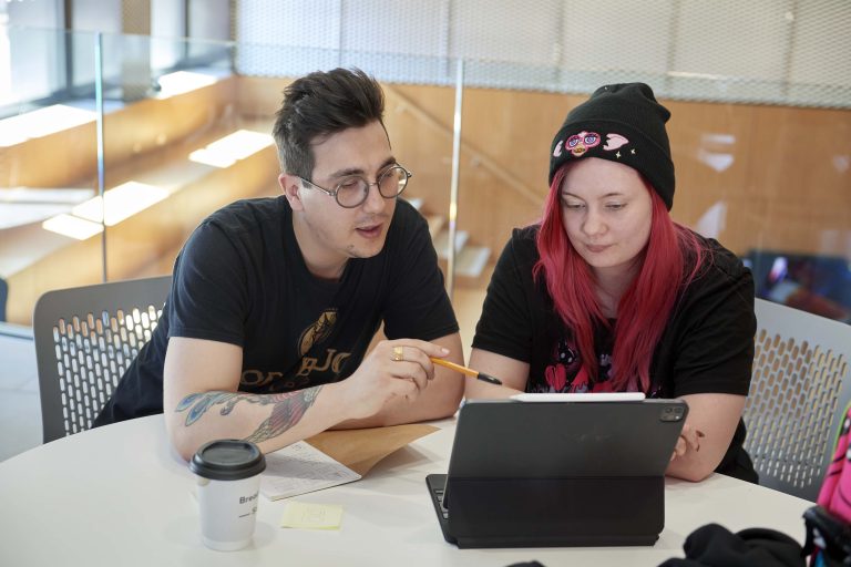 A person in a black t-shirt and glasses and a person with long, pink hair and a black hat are look at a laptop screen.