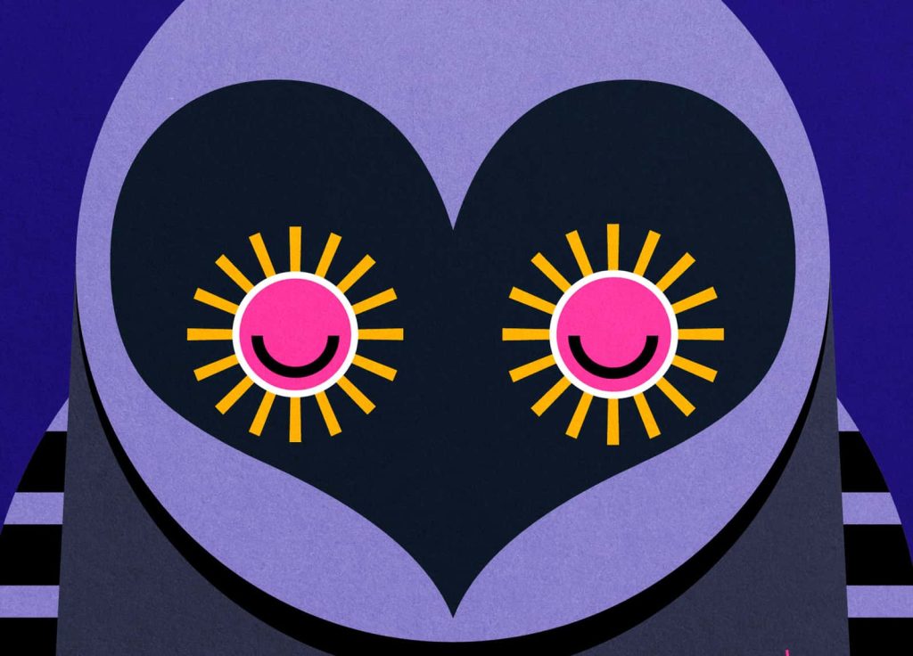 A flat graphic illustration of an owl, with a love heart face, in shades of blue and purple. The owl's eyes are made of sun rays with a pink circle in the centre, and the curve of a smiling face