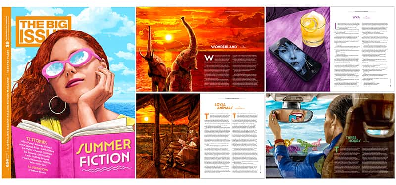 A collage of photos integrated with article text for The Big Issue. The images are illustrations by Matthew Brazier. The illustrations include a drawing of a girl wearing pink sunglasses and reading a book, two elephants with their trunks up in the air at sunset, a cracked phone screen next to an orange cocktail, a woman and dog sitting on an outside porch at sun set and a woman picking at her teeth in a car windscreen mirror with dinosaurs on the dashboard.