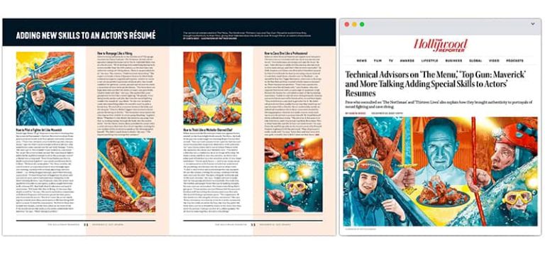 An article spread demonstrating illustrations integrated with text. The illustrations are by Matthew Brazier and include drawings of someone flying a fighter jet, a viking, a Michelin chef and a cave diver.