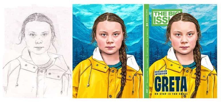 Three illustrations of Greta Thunberg by Matthew Brazier. The three illustrations demonstrate the drawing at different stages- the initial pencil sketch, the illustration with colour and the illustration in a commercial context such as a magazine front over for The Big Issue. The illustration of Greta is a head/shoulder drawing of her in a bright yellow coat and her hair in a long platt.