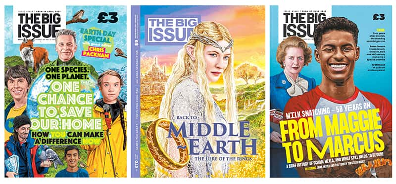 Three front covers of The Big Issue. The cover artwork is of illustrations by Matthew Brazier. The covers include portraits of Marcus Rashford, Margaret Thatcher, Greta Thunberg and Lord Of The Rings character Galadriel.