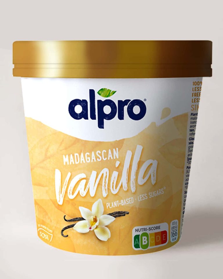 A photo of Alpro vanilla ice cream in branded packaging. The packaging is yellow with a gold lid.