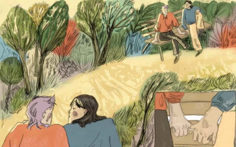 Drawing of a couple sitting on a bench amongst bushes and trees. In the bottom corner is a detail of the pair linking little fingers.