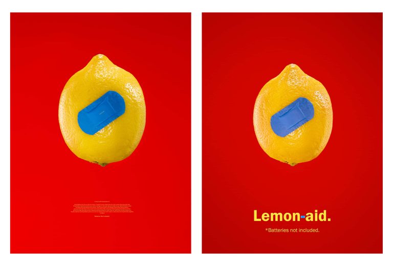 Photography work by student Joey Rolph. A lemon with a blue plaster is on a red background. 'Lemon aid' is written in yellow type.