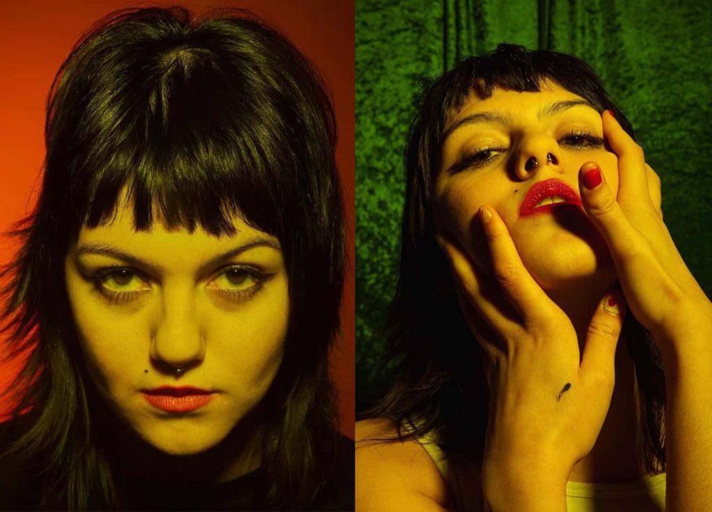 Two profile pictures of Acting student Sonnay Sevgum. On the left Sonnay stares intensely into the camera in front of a red background. On the right Sonnay looks down at the camera, with both hands grasping their face.