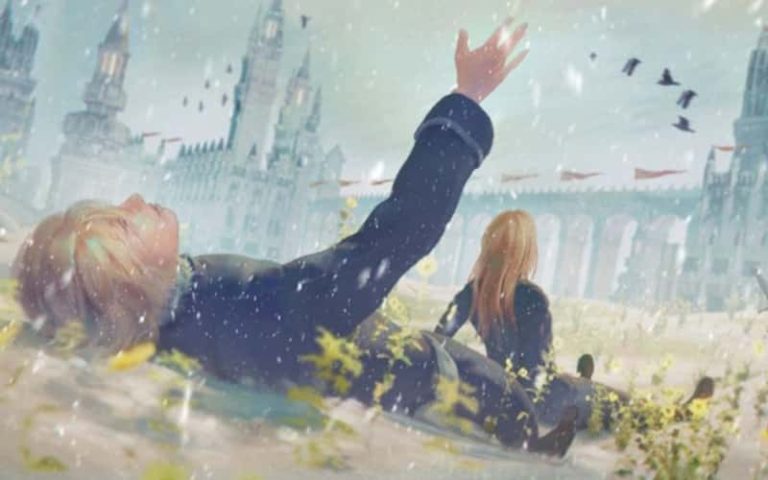 Concept art by Salene Tarling. A painterly image of two people lying on their backs, with a castle in the background. One character has one arm raised, the other half sits up.