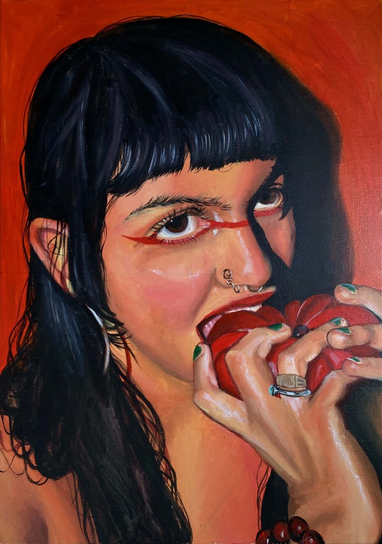 'The Love They Share', by Yasmin Shah. Painting of a person with long black hair biting into a red fruit. Both hands hold the fruit in front of the face, and a red line is painted below the eyes.