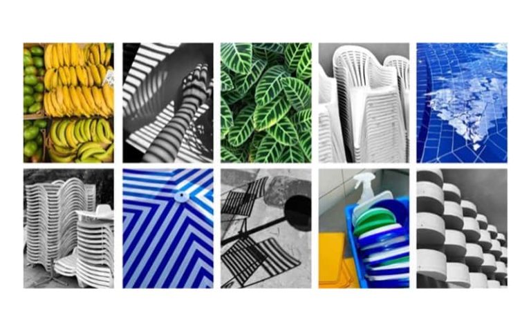 A collage of photos displaying various different patterns and colours. The patterns are repetitive such as stripes and or an object that repeats its self. For example, a stack of chairs or a box of bananas.