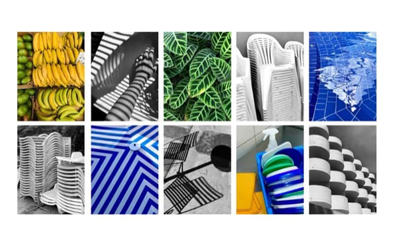 A collage of photos displaying various different patterns and colours. The patterns are repetitive such as stripes and or an object that repeats its self. For example, a stack of chairs or a box of bananas.