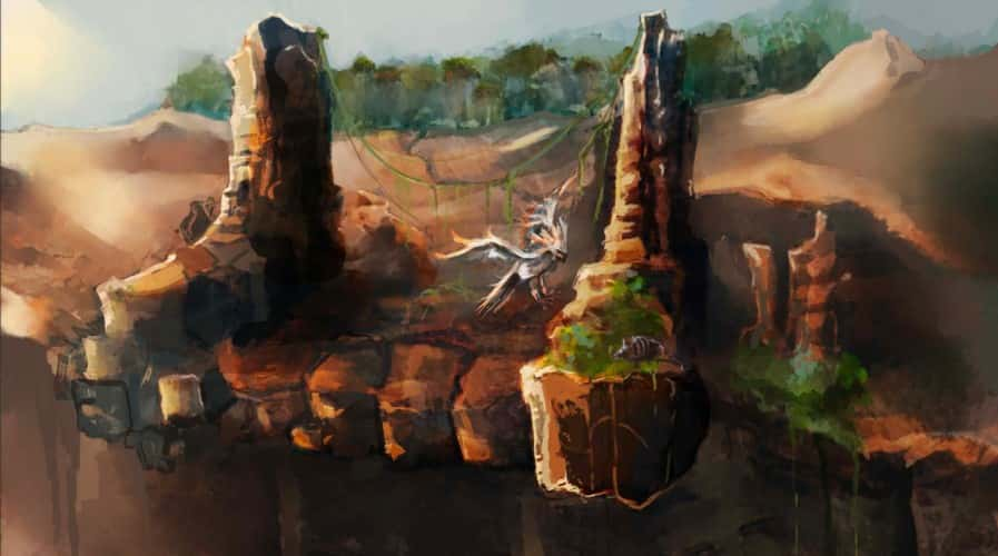 Concept art by Melissa McCarthy. Painting of a large bird-like creature flying between two pillars of a ruined building. A forest is in the background.