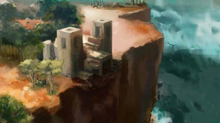 Concept art by Melissa McCarthy. Bird's eye view of a weathered-looking building standing on the edge of a cliff, surrounded by a stormy sea.