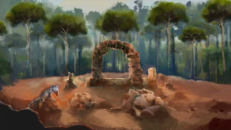 Concept art by Melissa McCarthy. A stone arch draped in vines stands in front of a lush forest. A large lizard with grey skin and red spines along its back sits on a rock to the left.