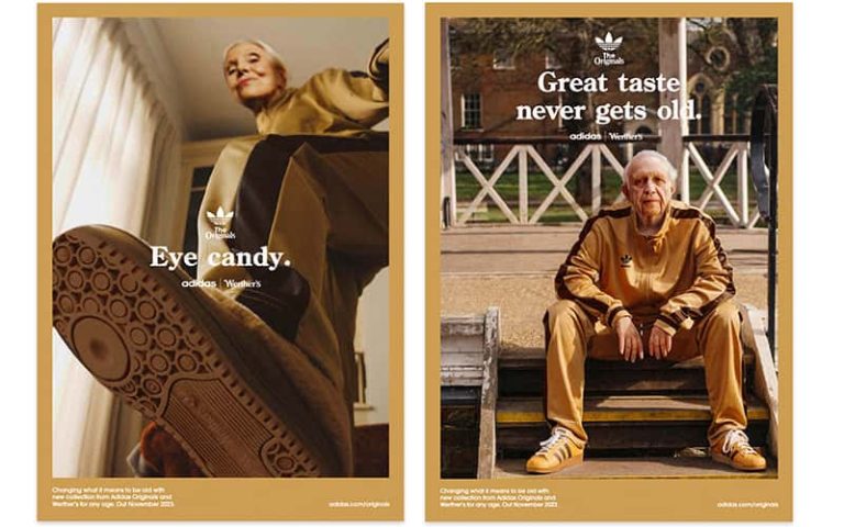 Two digital mock-ups for a Werthers Original and Adidas campaign. The images are of an older male and female wearing caramel tracksuits.