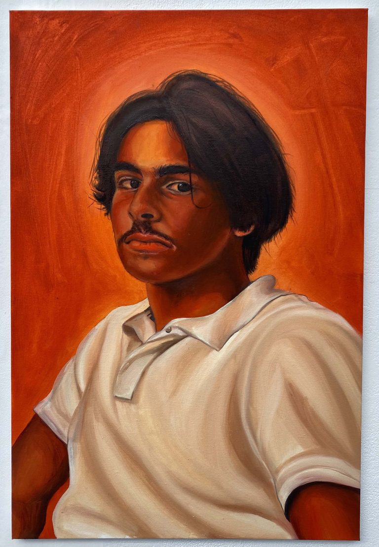 ‘My Brother At Home’ by Yasmin Shah. Painting of a person with black hair and a thin moustache stares intently at the viewer. He is wearing a white polo shirt, and behind him is a dark orange background.