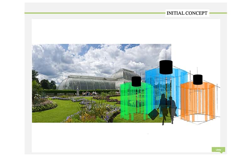 A photo of Kew Gardens in London with an interior design render of three large perfume bottles used as a beauty pop-up space.