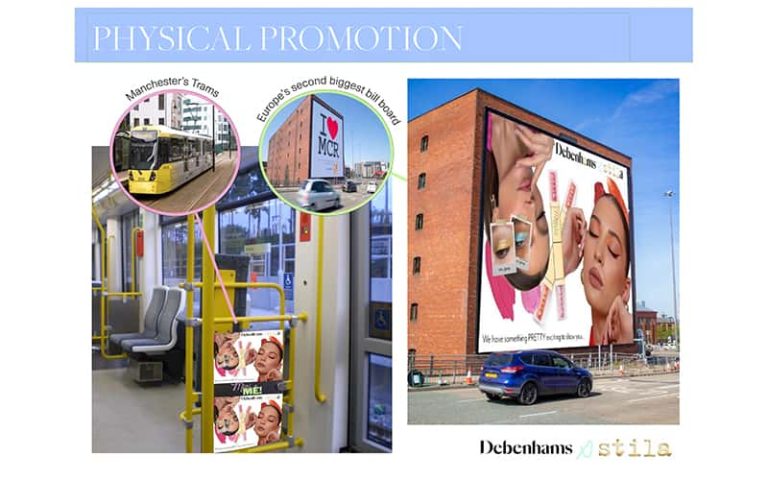 Two digital mock-ups of a beauty pop-up space launch. The mock-ups include a billboard and signage on public transport.