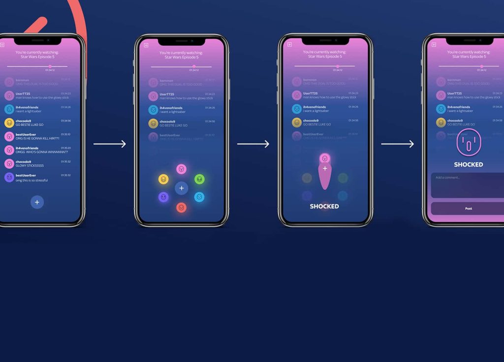 Mock up image of new app for Sky. Several phones are placed next to each other, each showing a different page of the app; all screens are a combination of blues and purples.