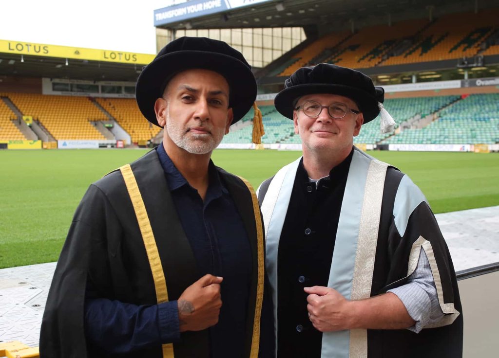 Gush Mundae with Professor Simon Ofield-Kerr at a Norwich University of the Arts graduation ceremony