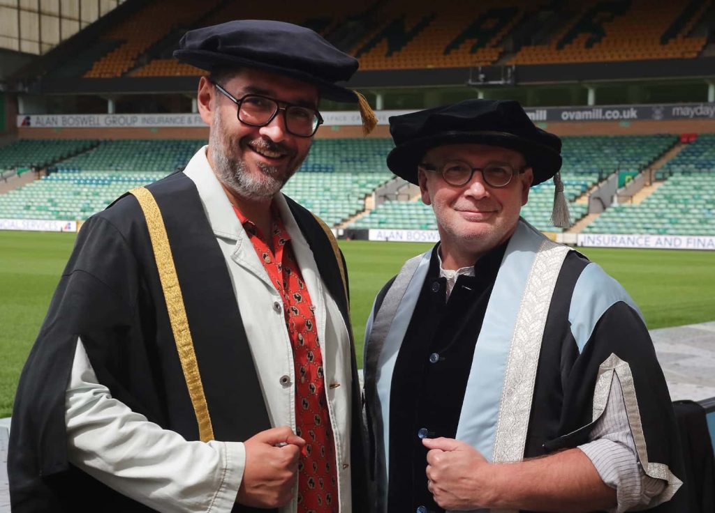 Robert Diament with Professor Simon Ofield-Kerr at a Norwich University of the Arts graduation ceremony