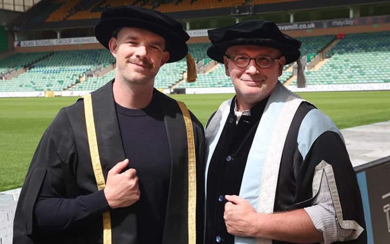 Russell Tovey with Professor Simon Ofield-Kerr at a Norwich University of the Arts graduation ceremony