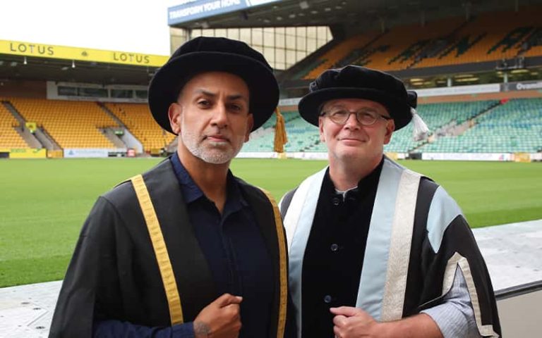 Gush Mundae with Professor Simon Ofield-Kerr at a Norwich University of the Arts graduation ceremony