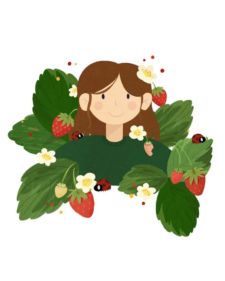 A portrait illustration of Maisy Dainty, an Illustration alumni. The illustration is of a girl with brown hair, wearing a green jumper and surrounded by leaves, strawberries and ladybugs.