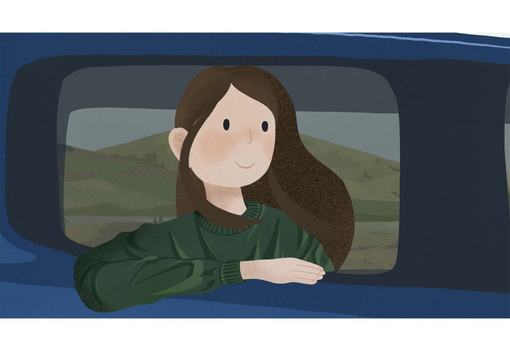 An illustration of a girl sat in a car, resting her arm on the car window and looking out towards the distance.