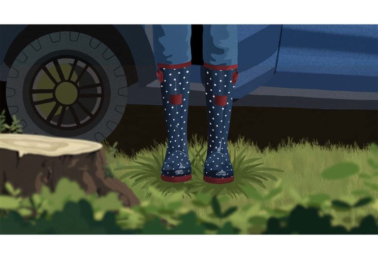 An illustration of someones wellies as they step out a car onto grass.