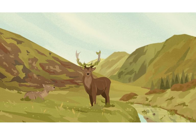 An illustration of a Red Deer stood in a mountainous environment with a river running through.