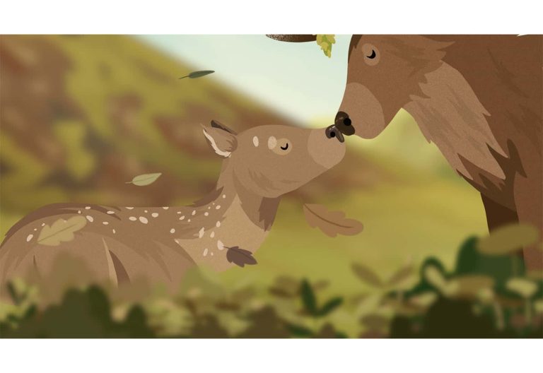 An illustration of a fawn deer touching noses with a buck with leaves flying through the air.