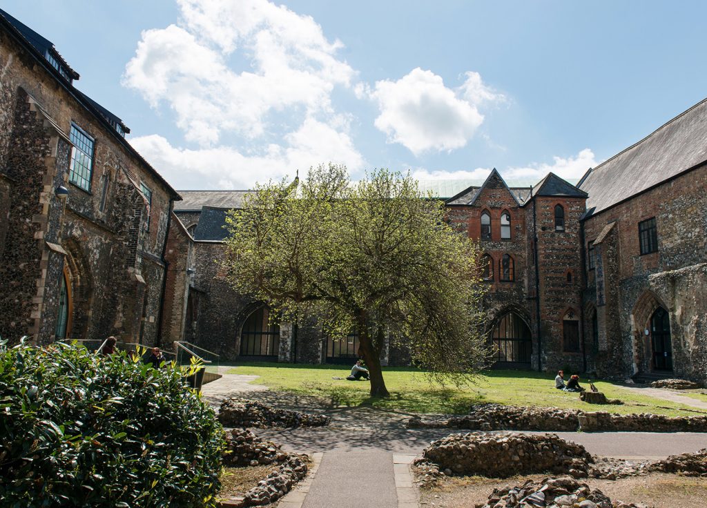 Photograph of The Garth at Norwich Uni. A large, leafy tree stands in the middle of a courtyard of historic, cobbled buildings.