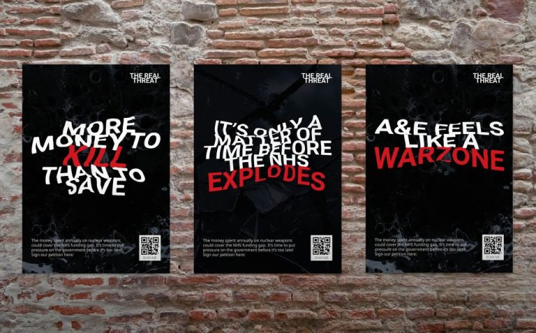 A digital mock-up of three black posters on a red brick wall.