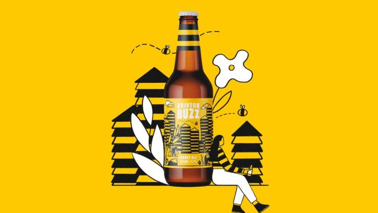 A digital mock-up of a poster. The poster is yellow with a large bottle of beer in the middle with small illustrations of bees.