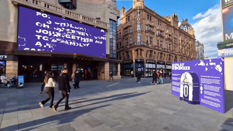 A digital mock-up of a large purple billboard in a busy city setting.