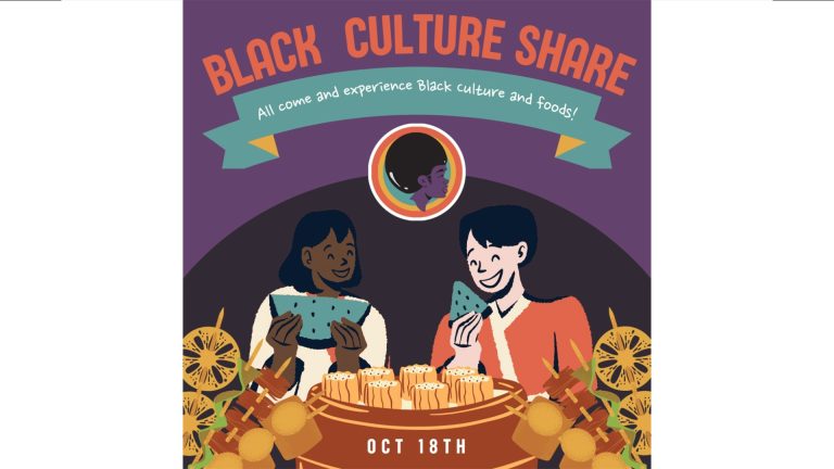 Promotional image for Black Culture share by SU Afro-Caribbean society. Illustration of two people similing and eating food.