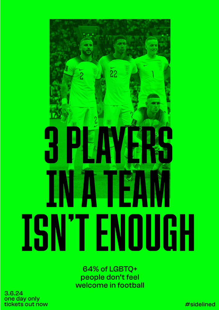 A green poster with three football players on it.