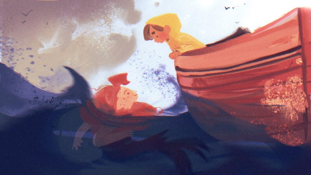 Still from film 'Seal of Approval' by Orion Greaves. A person wearing a yellow coat is peering out of a small boat at a person with red hair in the water.