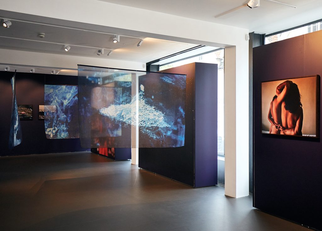 Interior photo of gallery space. Walls are painted a deep purple, with photos hung on them and translucent blue hangings arranged throughout the room.