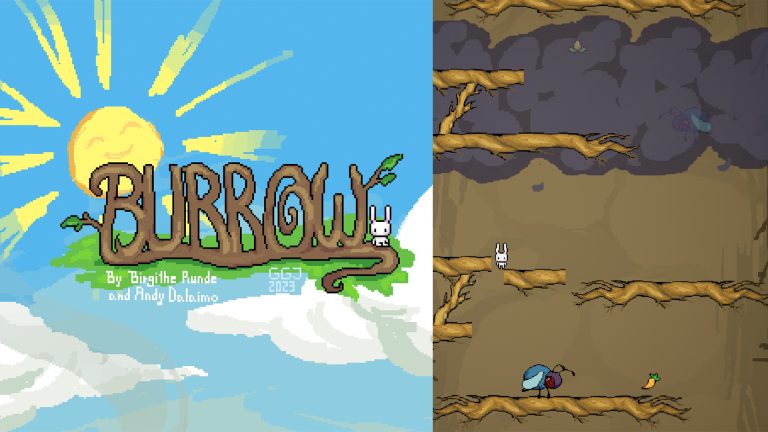 Images from video game 'Burrow'. On the left is the brown Burrow logo against a blue sky, on the right a small white rabbit is jumping along roots, avoiding large blue flies.