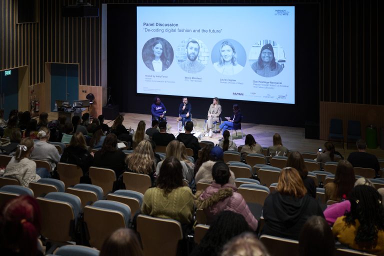 A photo of a panel discussion from the Digital Fashion Symposium at Duke Street Riverside lecture theatre.