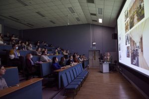 Visiting Lecturer giving a presentation in Duke Street Lecture Theatre