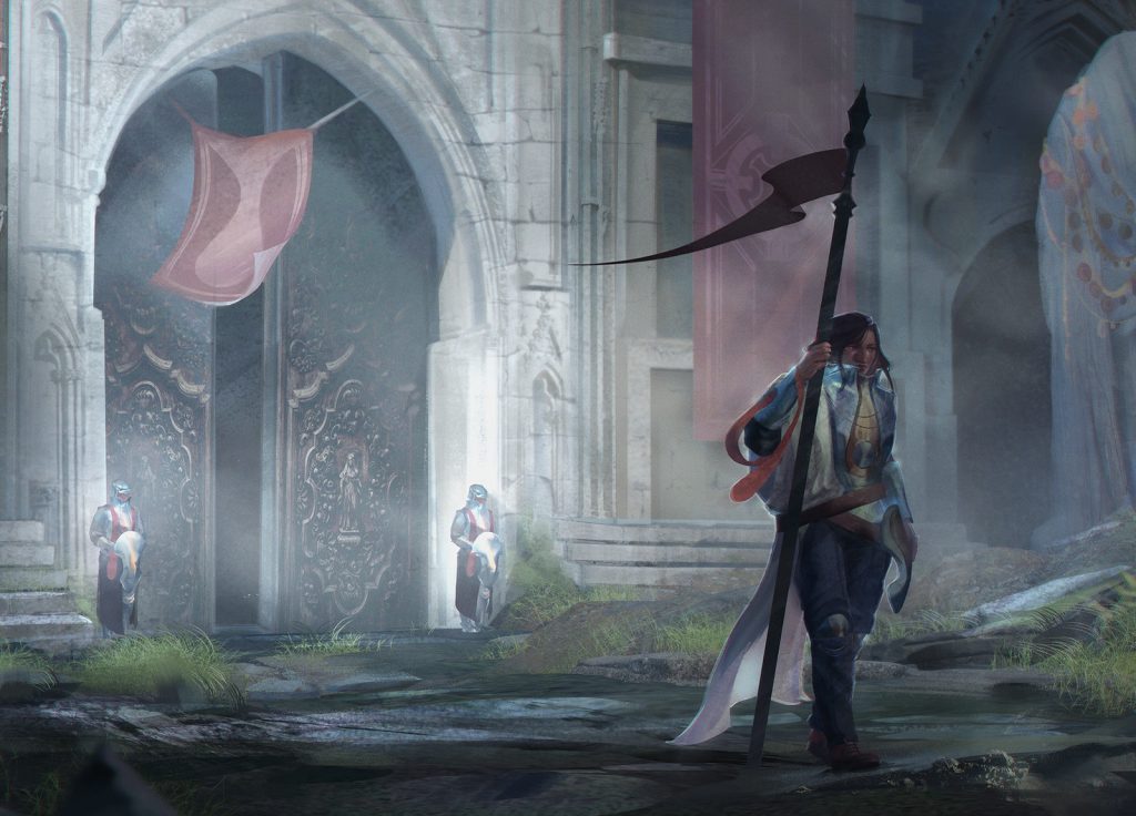 Games concept art by graduate Salene Tarling. A person holding a red flag is walking away from a large castle door. Two soldiers stand guard on either side of the door.