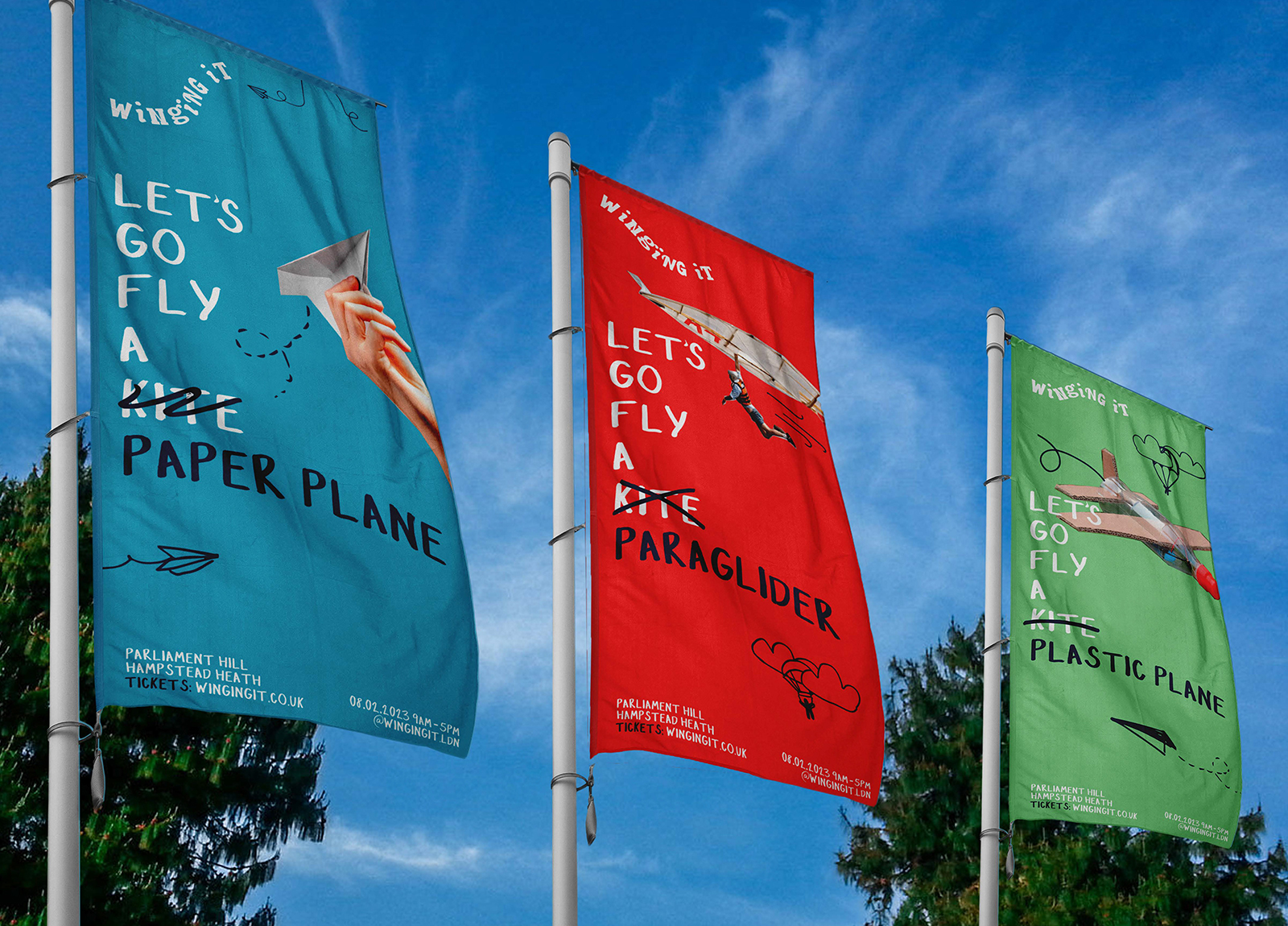 Student work by Eloise Woodcock-Jones. Image of 3 banner flags flying with graphics overlaid