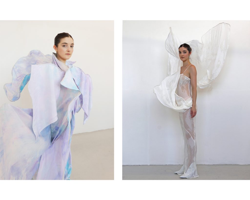 The Image is of Brooke Savino's MA Fashion final project. The photo includes two images of a female wearing different dresses. The dresses have been designed by Brooke and are expressions of art on the body.