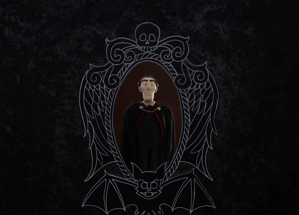 Still from animation 'The Curse of Dracular'. Dracula is pictured in a hand drawn frame with bats and skulls. He is wearing all black with a gold fastening around his cloak.