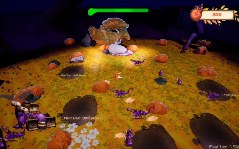 Still from student game 'Sludge Slayer'. A wide shot of an autumnal environment, with golden and orange leaves and a large tree. Purple monsters are creeping towards the tree.